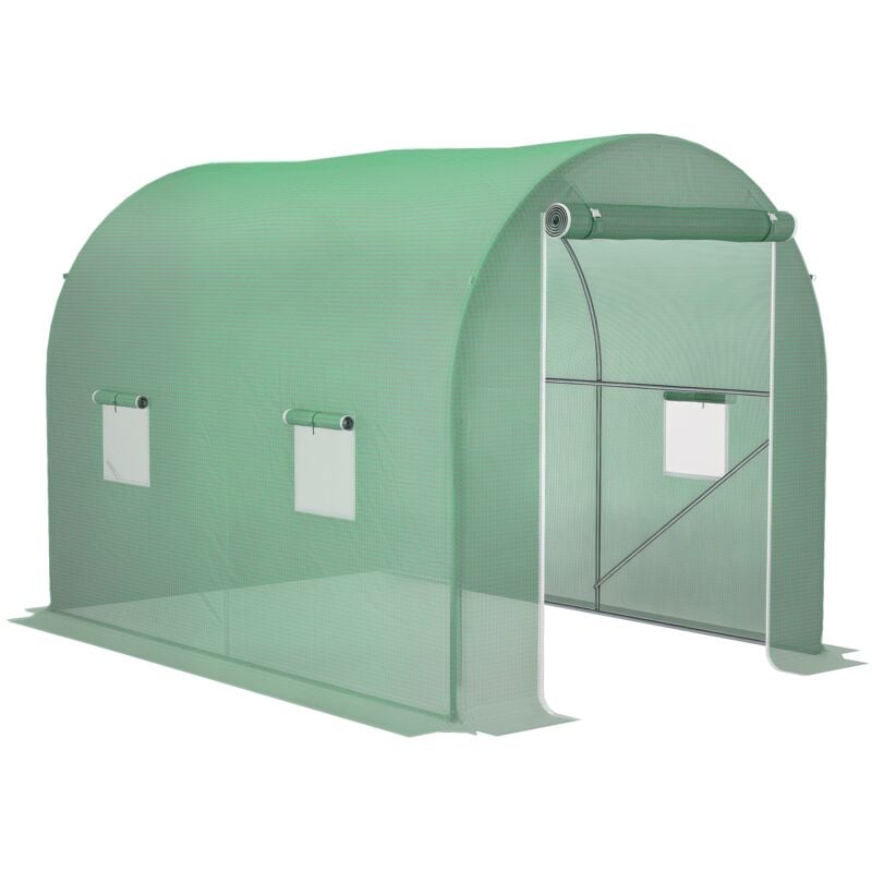 Serre de jardin tunnel surface sol 6 m² 3L x 2l x 2,10H m châssis tubulaire renforcé porte zippée 4 fenêtres enroulables vert