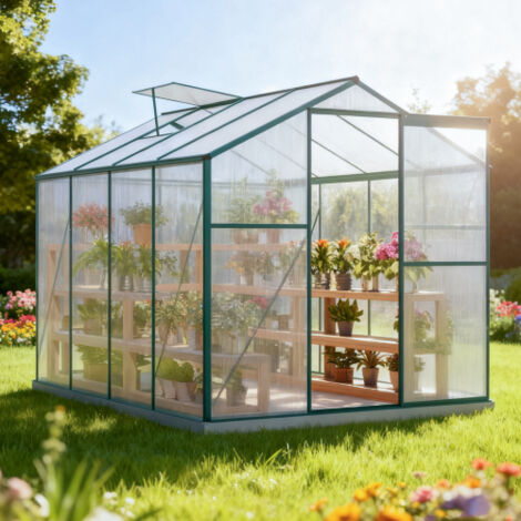 Serre en aluminium 190 x 253 cm avec fondation, 1 fenêtre de toit et porte coulissante, pour jardin, plantes et tomates