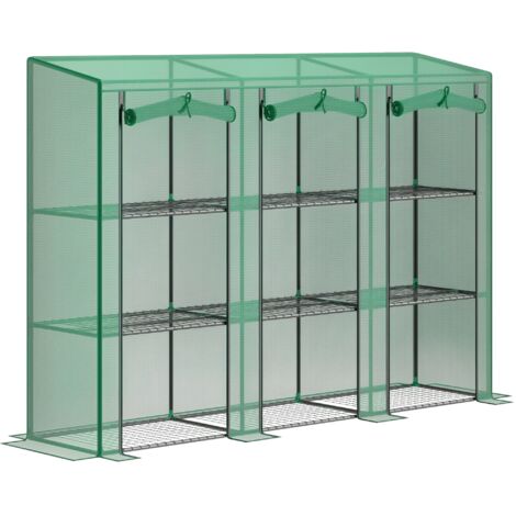 Serre extérieure à 3 niveaux avec porte roulante et fermeture éclair, 9 étagères et couverture PE 215x46x151cm Vert