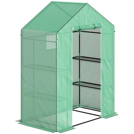 Serre jardin 143x74x190cm avec porte enroulable, fenêtre et étagères - Acier film plastique, balcon, culture tomates légumes - Vert