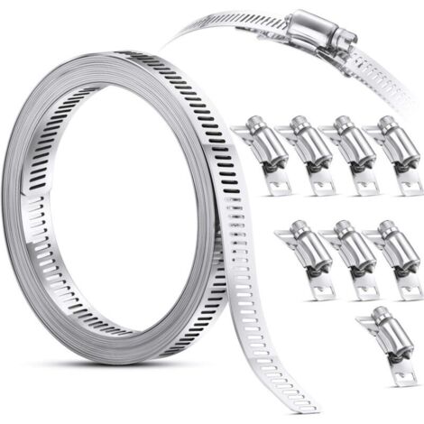 Serre-joints à tuyauxCollier de Serrage Collier à Vis sans Fin en Acier, Sangle Collier de Serrage avec Attaches, Pinces en Acier Inoxydable 304 Collier de Serrage de Tuyau Réglable à Vis (9 Pièces, 6