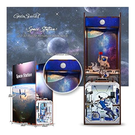 Serre-Livres de Maison de Poupée Miniature 3D Book Nook Kit de Coin de Kivre de Puzzle 3D Bricolage avec Capteur de Lumière LED, Étagère Décoration pour Enfants et Adultes (l'espace)