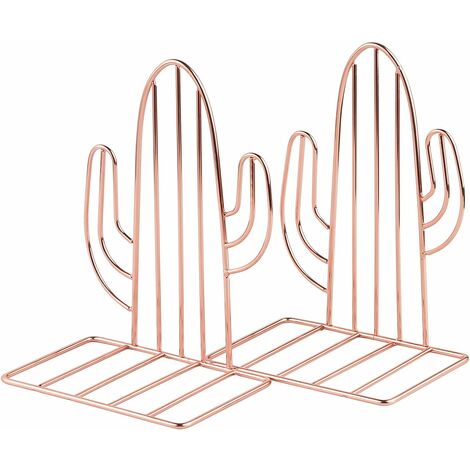 Serre-livres en métal, 1 paire de serre-livres pour enfants, serre-livres design cactus, pour bureaux, décoration, étagères, écoles et bibliothèques (or rose)