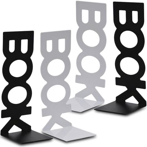 Serre Livres en Métal 2 Paires Serre-Livres pour étagères pour Bureaux, Écoles, Salons, Librairie et Bibliothèque (Noir et Blanc)