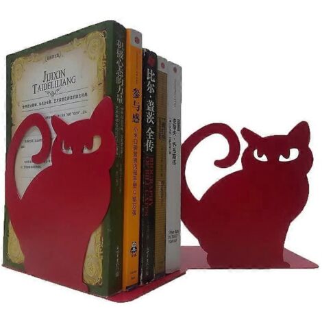 Serre-livres en métal épais, motif chat persan mignon et éclatant (rouge), idéal pour bibliothèque, école, bureau ou maison.
