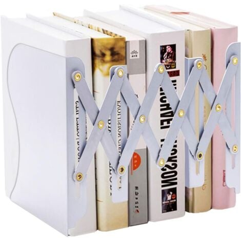 Serre-livres réglable en métal, Serre-livres télescopique pour pour cuisine, bureau, ecole,chambre, salon,bibliothèque s'étend jusqu'à 48 cm (blanc)