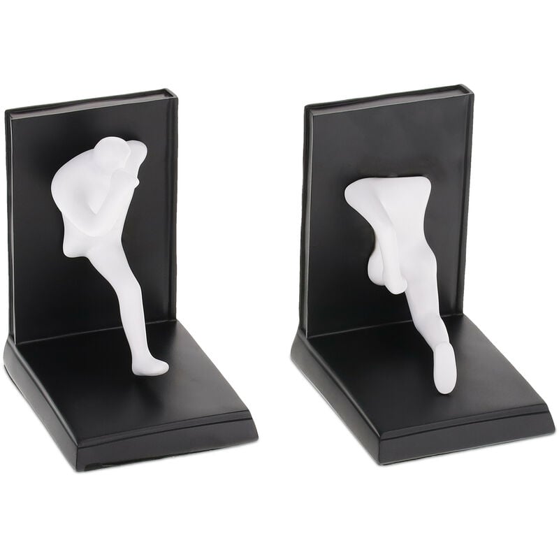 Relaxdays - Lot de 2 serre-livres, figurine homme, HxLxP: 14,5x12x9,5 cm, décoratif, résine artificielle, noir - blanc