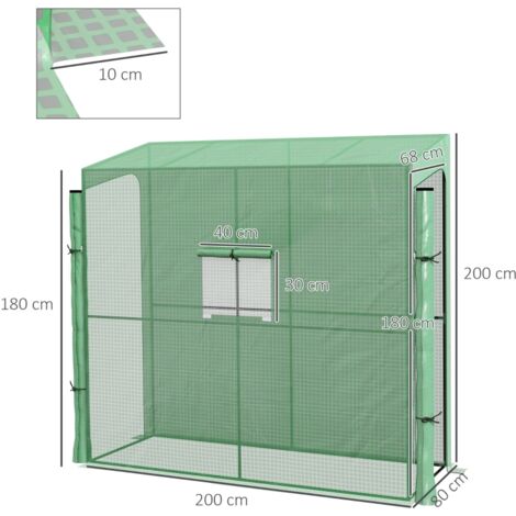 Serre murale verte 200x80x200cm, 2 portes enroulables bâche PE anti-UV fenêtre pour fleurs