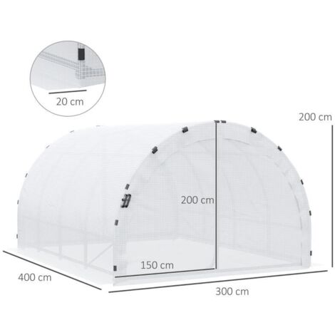 Serre tunnel 12m² 4x3x2m blanche, châssis tubulaire 25mm double porte poignées