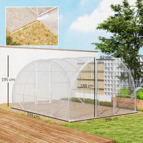 Serre tunnel 12m² 4x3x2m blanche PE 150g/m², 2 portes charnières pour légumes