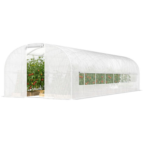 Serre tunnel 24m², serre de jardin en acier galvanisé, portes et 2 fenêtres, blanc