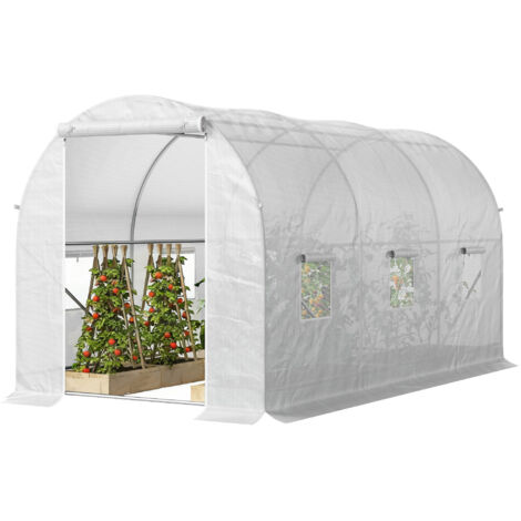 Serre Tunnel 3.5x2x2 m avec Portes Enroulables et Fenêtres, Serre de Jardin avec 5 Renforts Diagonaux, Structure Métallique et Couverture PE, pour Légumes Fleurs, Blanc