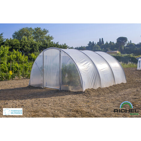 Serre tunnel 4,50x4,50m – Surface 20,25m² – Armature acier galvanisé – Bâche Polyéthylène 180µ – Porte battante pour ventilation – Richel