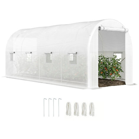 Serre tunnel 500 x 200 x 205 cm, serre de jardin avec porte enroulable et 8 fenêtres, bâche en polyéthylène 140 g/m² blanche
