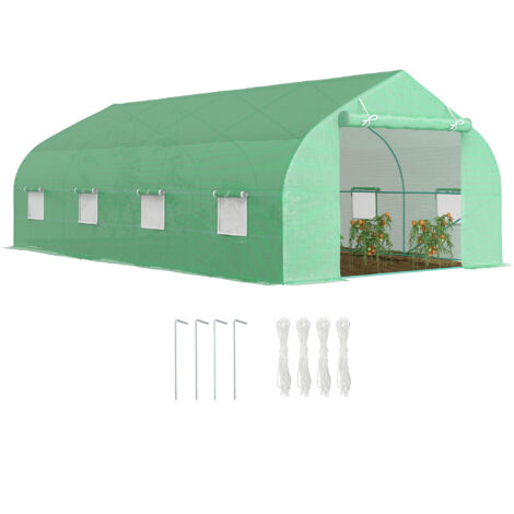 Serre Tunnel 6 x 3 x 2 m, 8 Fenêtres, Porte Roulante, 4 Piquets, 4 Cordes, Acier et PP, Vert