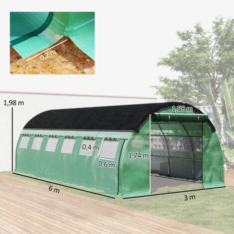 Serre tunnel 6x3x2m verte acier, filet solaire parois enroulables bâche plastique