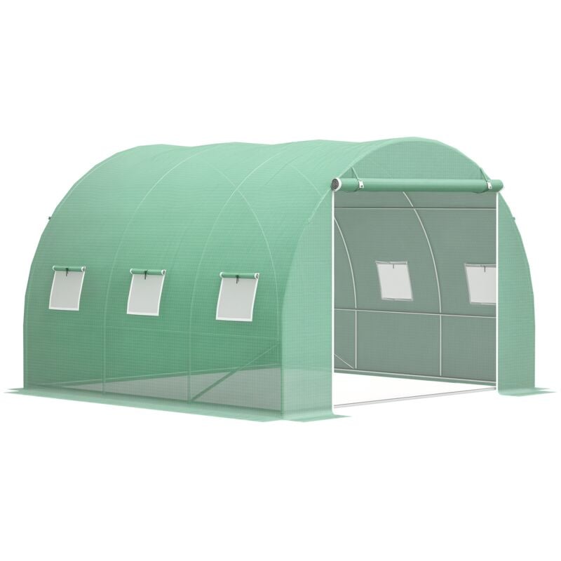 Serre tunnel 9 m² dim. 3 x 3 x 2 m - porte enroulable zippée, 6 fenêtres - acier galvanisé pe haute densité vert