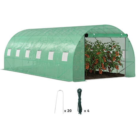 Serre tunnel avec couverture plastique et structure en acier. Tente de serre accessible à pied avec portes enroulables. Verte