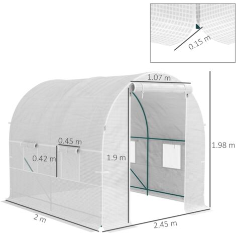 Serre tunnel blanche 2,5x2x2m, portes fenêtres enroulables 2 renforts diagonaux pour légumes