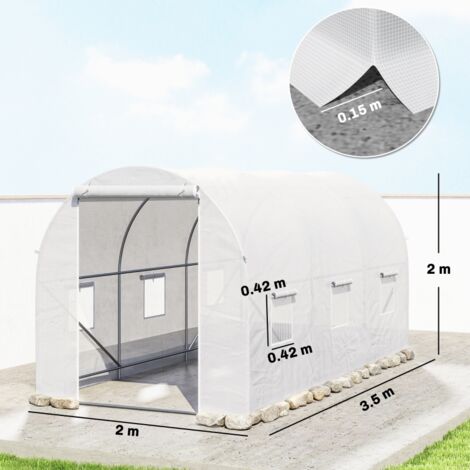 Serre tunnel blanche 3,5x2x2m, portes fenêtres enroulement 5 supports diagonaux pour légumes