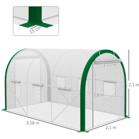 Serre tunnel blanche 3,5x2x2m, portes zippées fenêtres filet structure métallique