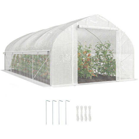 Serre tunnel de 6 x 3 x 2 m avec protection UV, porte enroulable avec fermeture éclair et parois latérales en maille blanche.