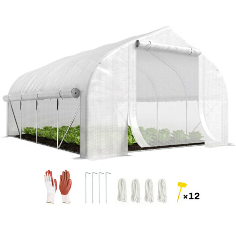 Serre tunnel de jardin 12 m², serre de jardin tunnel avec porte et 8 fenêtres, bâche PE 140 g/m² 400 x 200 x 200cm blanc