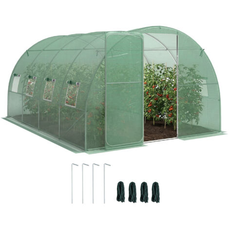 Serre tunnel de jardin 12m², serre de jardin tunnel 295x400x200cm porte et 8 fenêtres, bâche PE 140 g/m² vert