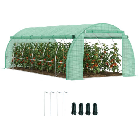 Serre tunnel de jardin 18 m² 4x3x2 m vert acier PE, porte incluse, parois latérales enroulables, 12 fenêtres d'aération, abri polyvalent pour plantes et cultures.