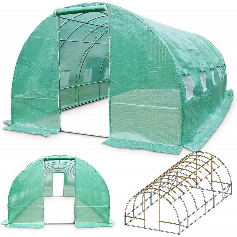 Serre tunnel de jardin 3x4m en aluminium stable Serre avec ancrage au sol Portes et fenêtres enroulables pour jardin