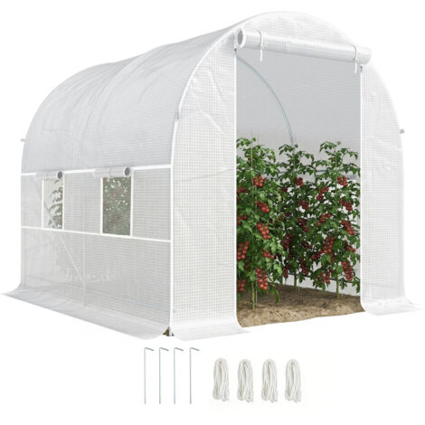 Serre tunnel de jardin 5m², serre de jardin tunnel avec porte et 4 fenêtres, bâche PE 140 g/m² 245 x 200 x 200 cm blanc