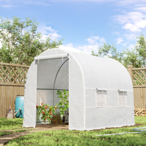 Serre tunnel de jardin 5m². serre de jardin tunnel avec porte et 4 fenêtres. bâche PE 140 g/m² 245 x 200 x 200 cm blanc