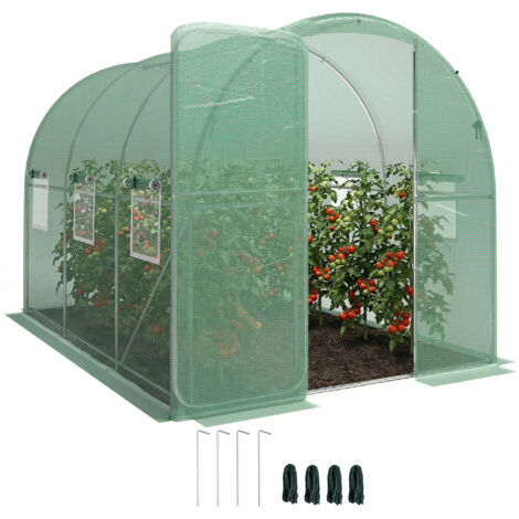 Serre tunnel de jardin 6m², serre de jardin tunnel 200x300x200cm porte et 6 fenêtres, bâche PE 140 g/m² vert
