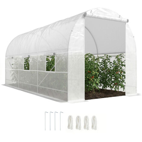 Serre tunnel de jardin 9m². serre de jardin tunnel avec porte et 6 fenêtres. bâche PE 140 g/m² 445 x 200 x 200 cm blanc