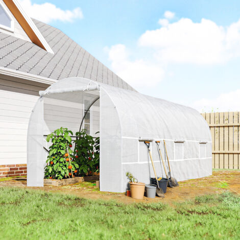 Serre tunnel de jardin 9m². serre de jardin tunnel avec porte et 6 fenêtres. bâche PE 140 g/m² 445 x 200 x 200 cm blanc