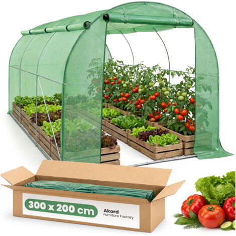 Serre tunnel de jardin avec structure en métal et bâche en PE avec parois enroulables 1 porte 6 fenêtres Verte 200x300x200 cm