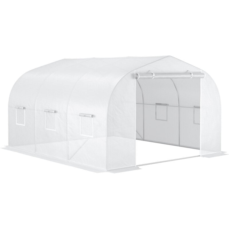 Serre tunnel de jardin dim. 3,5L x 3l x 2H m porte + 6 fenêtres enroulables acier galvanisé bâche pe haute densité blanc