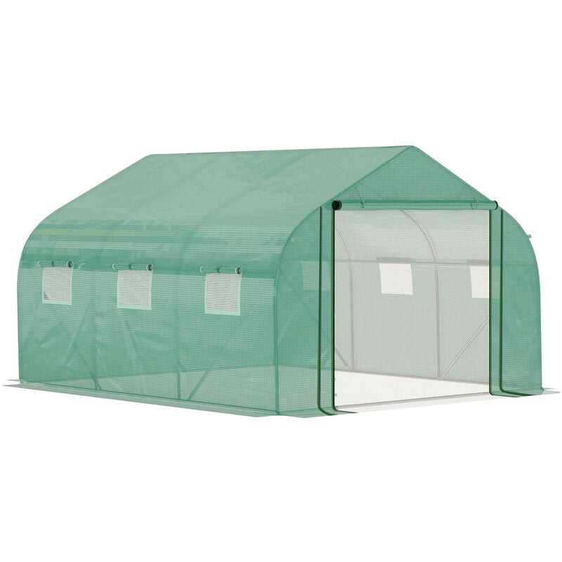Serre tunnel de jardin grande taille dim. 3,47L x 3l x 2H m - 6 fenêtres et porte zippée enroulable - acier galvanisé pe haute densité vert