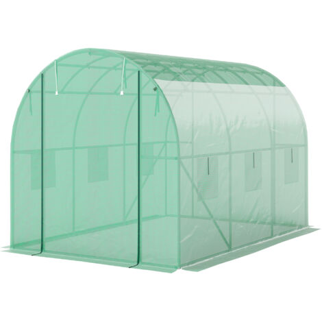 Serre tunnel en polyéthylène avec bâche plastique et armature en acier, tente de jardin praticable à portes enroulables, vert