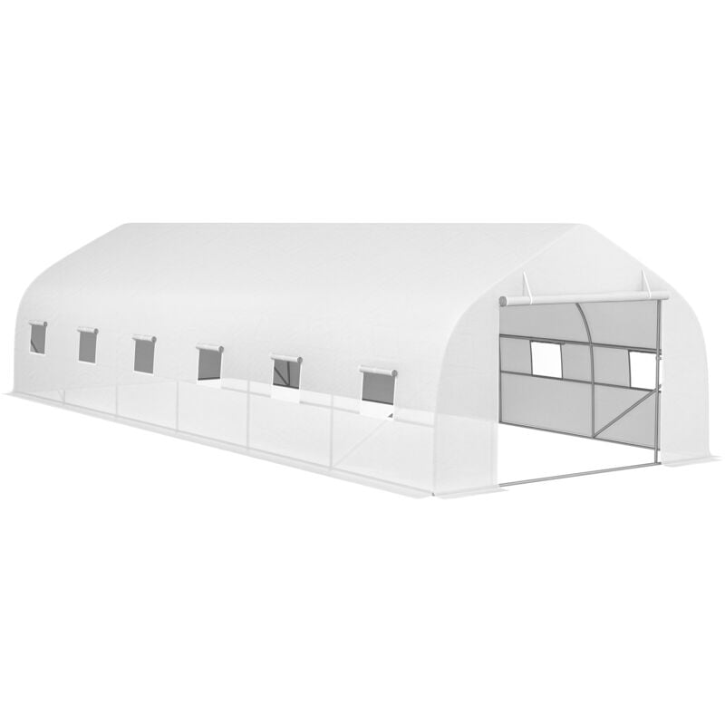 Serre tunnel grande taille 24 m² châssis tubulaire acier galvanisé renforcé 2,4 cm 12 fenêtres 1 porte blanc