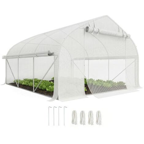Serre tunnel jardin 10,4 m², anti-UV, porte zippée enroulable, fenêtres maille, dimensions 350x300x200 cm, blanc.