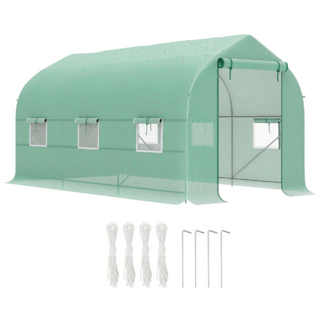 Serre tunnel jardin 8 m² 1 porte 6 fenêtres bâche PE 140 g/m² 400x200x200 cm vert