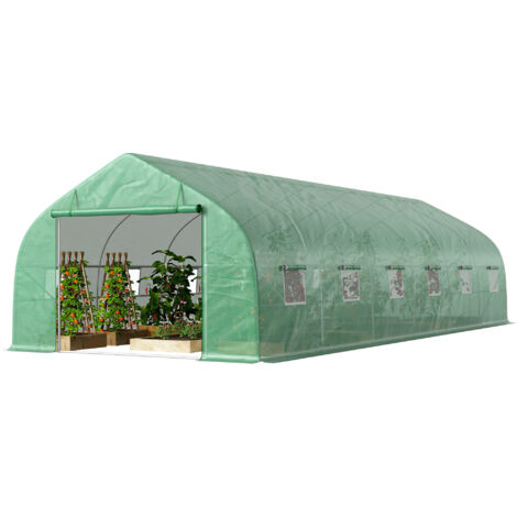 Serre tunnel jardin 8x3x2m vert bâche PE acier porte fenêtres 12