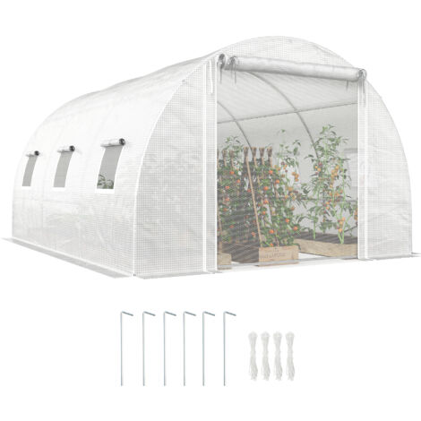 Serre tunnel Outsunny. bâche en plastique. porte en filet. poteaux de support. blanche