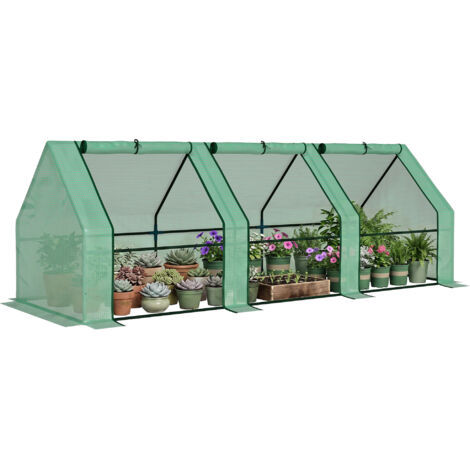 Serre tunnel PE pour plantes et fleurs, bords prolongés et portes à charnières, 270x90x90 cm, vert foncé