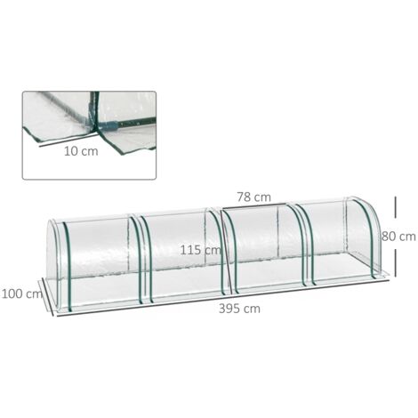 Serre tunnel portable 4x0,9x0,75m PVC imperméable anti-UV, 4 portes zippées pour potager