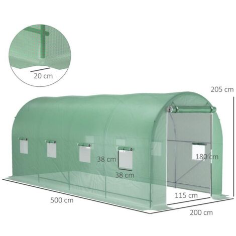 Serre tunnel verte 10m² 5x2x2,05m châssis renforcé, porte zippée 8 fenêtres enroulables
