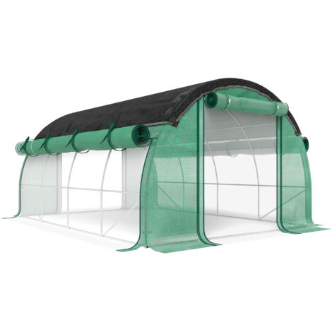 Serre tunnel verte 4×3×2m en polyéthylène – 8 fenêtres, portes sectionnelles, parois latérales enroulables – Résistante aux UV et à l’hiver, avec ancrages au sol – Pour culture de tomates et jardinage