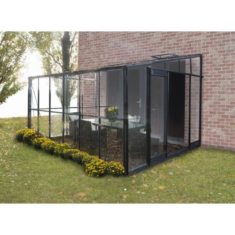 La Maison Du Jardin - Serre / Véranda adossée 126 - 7,3 m² verre trempé 4 mm. Aluminium laqué vert - Sans Base - Porte à droite