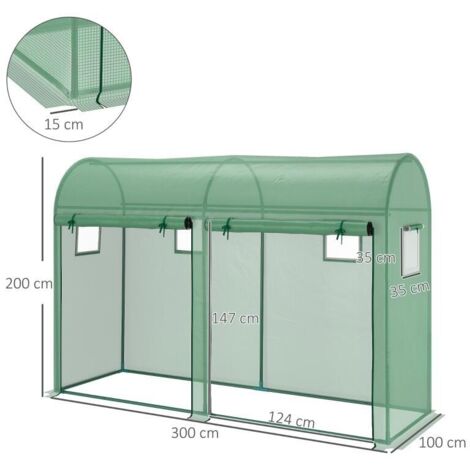 Serre verte 3m² 3x1x2m PE 140g/m² anti-UV, 2 portes zippées 4 fenêtres enroulables
